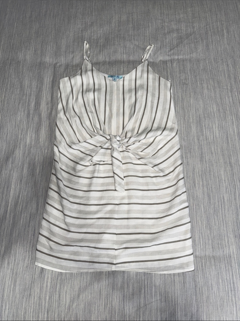 She + Sky White and Gray Striped Cotton Blend Tie-Front Mini Dress
